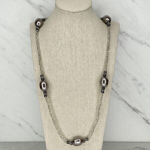 Chico's Silver Tone Metallic Beaded Station Rhinestone Long Necklace